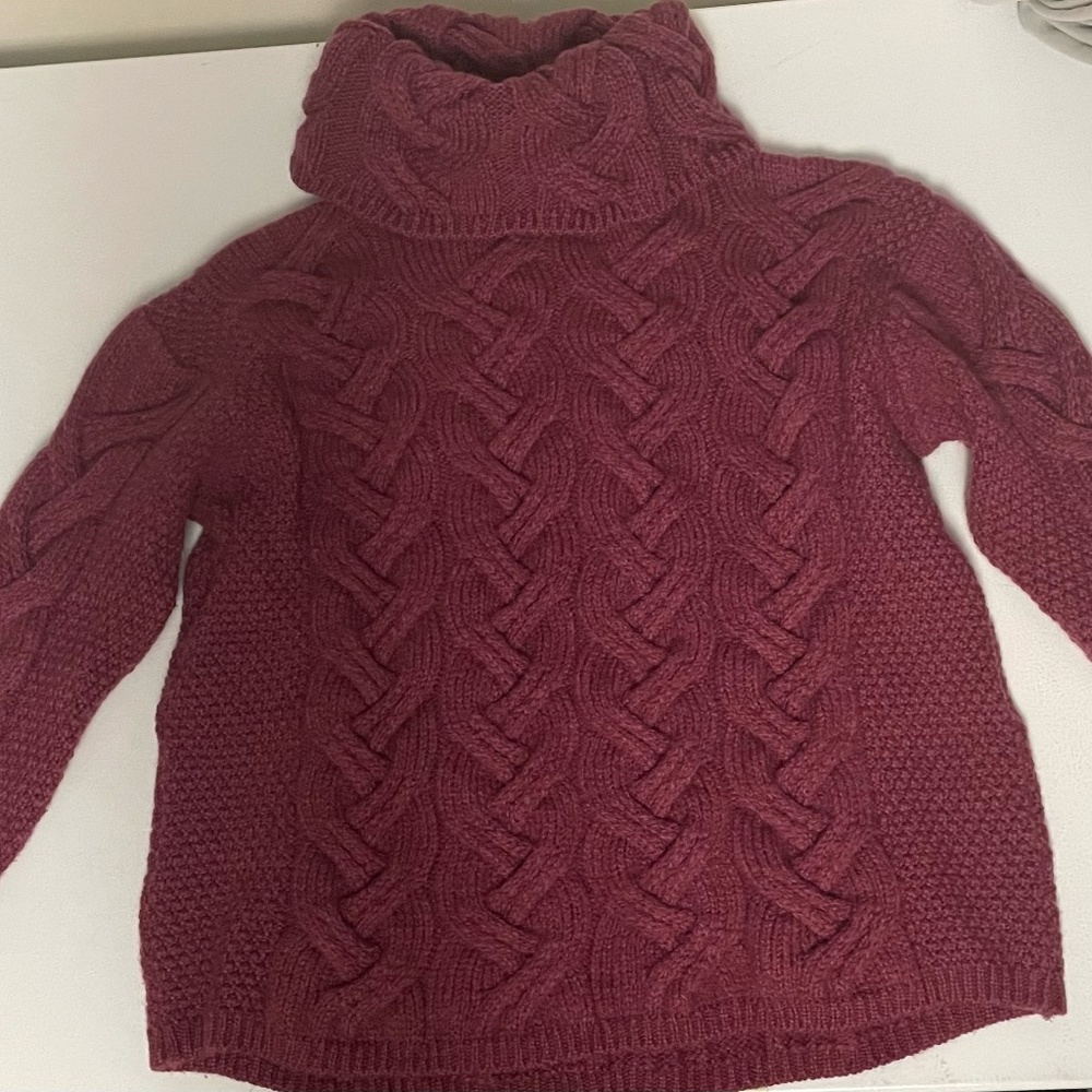 Aran Womens Turtleneck Cableknit Merino Wool Sweater, Medium, Raspberry Color